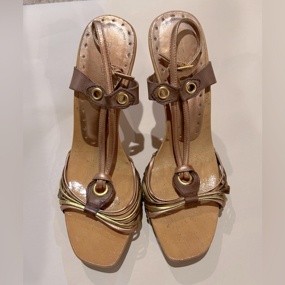 BCBGGirls Rose Gold & Cork high heel sandals